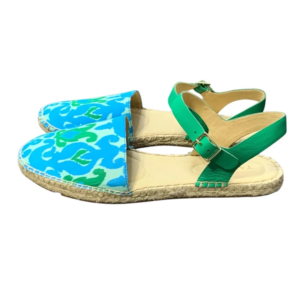 Talbots Izzy IKAT Medallion Espadrille Sandals Blue Green Ankle Strap‎ Summer 8